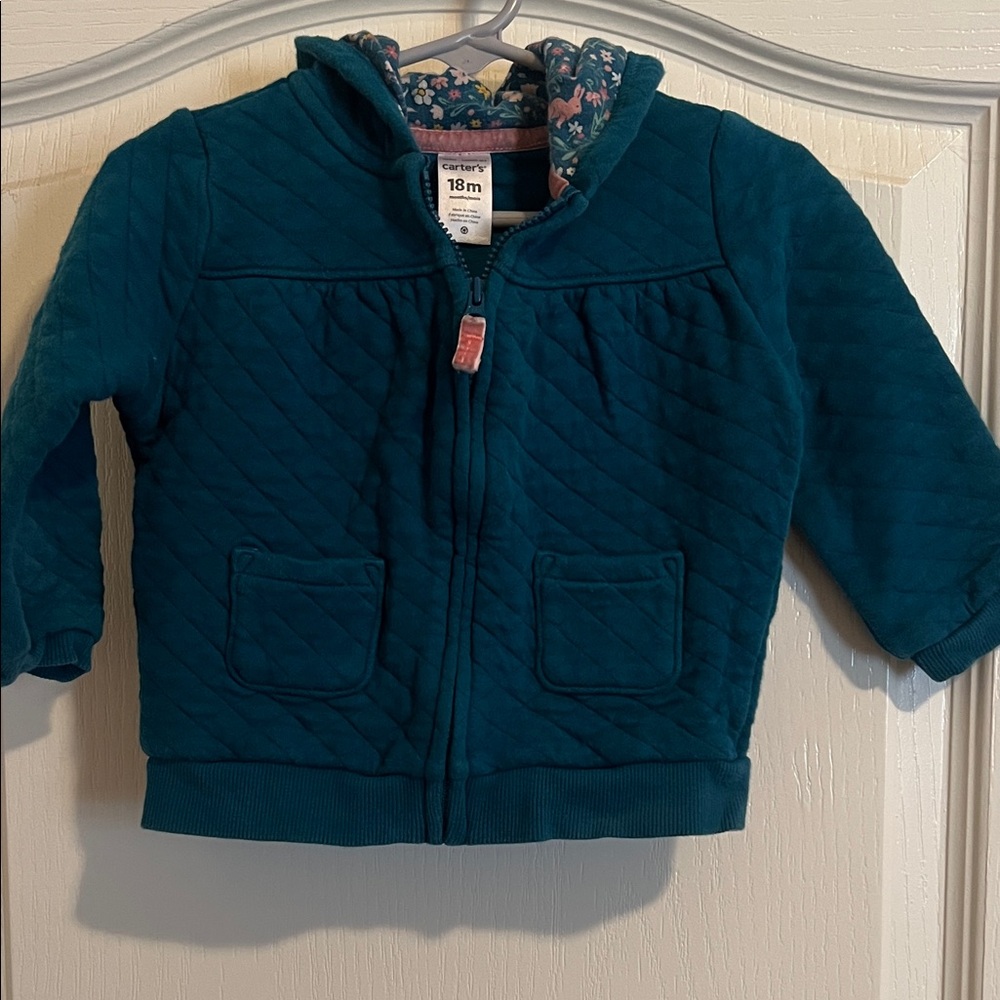 Carter's Teal Quilted Hooded Sweatshirt with Floral Lining 18M